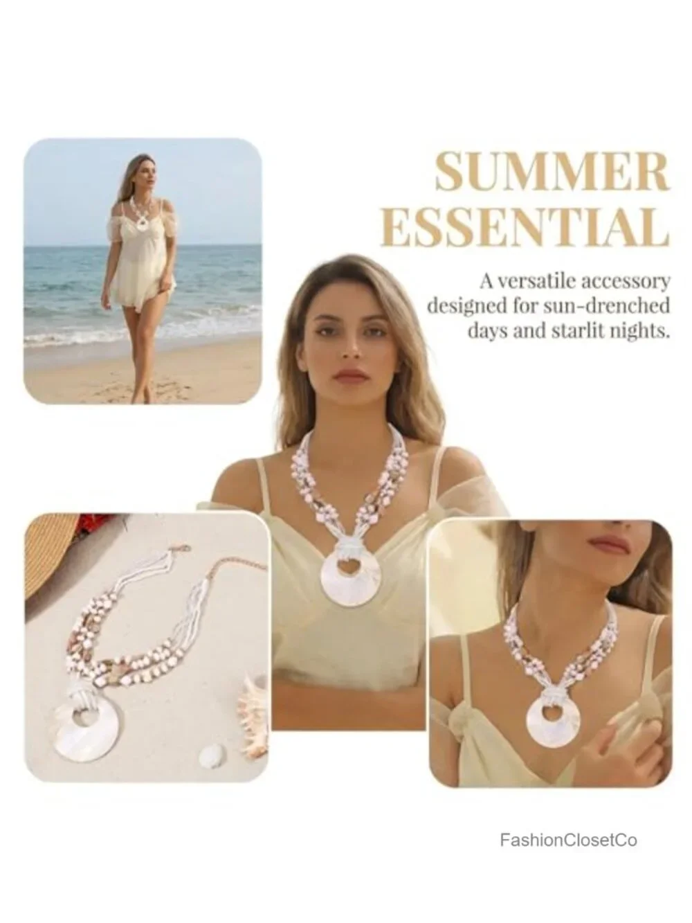 Shell Pendant Strand Necklace Boho Multi Beads Natural Stone Handmade Choker